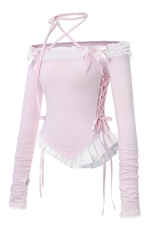 [SHUSHU CHERRY] ♥ DOLLY HIME OFF-SHOULDER T ♥ (babypink) 正規品 韓国ブランド 韓国ファッション 韓国代行 韓国通販 shushucherry シューシューチェリー