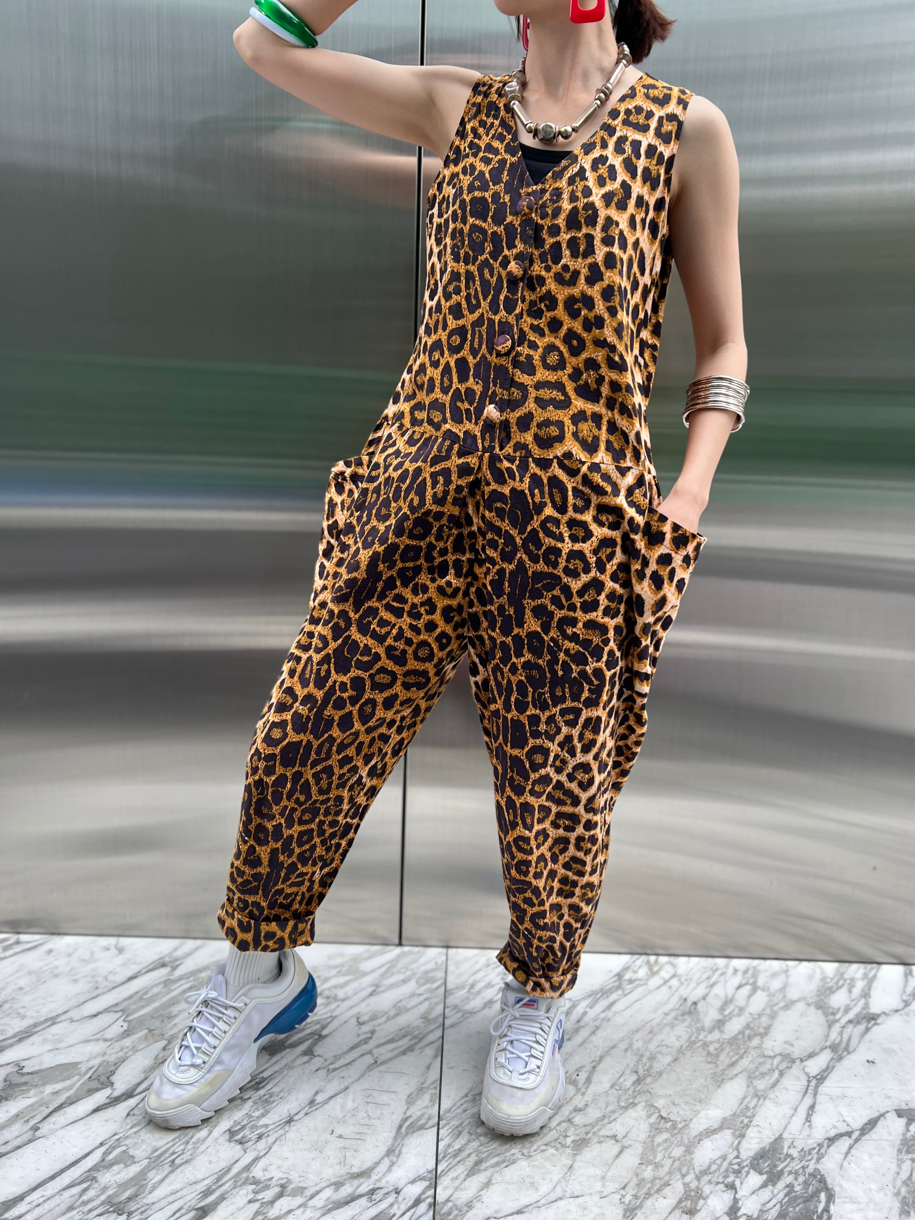 80s Leopard sleeveless cotton jumpsuits