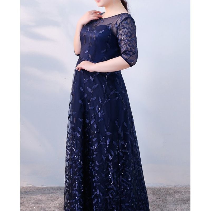 3XL〜7XL】リーフ柄七分袖シアードレス 2color D1608 | 演奏会