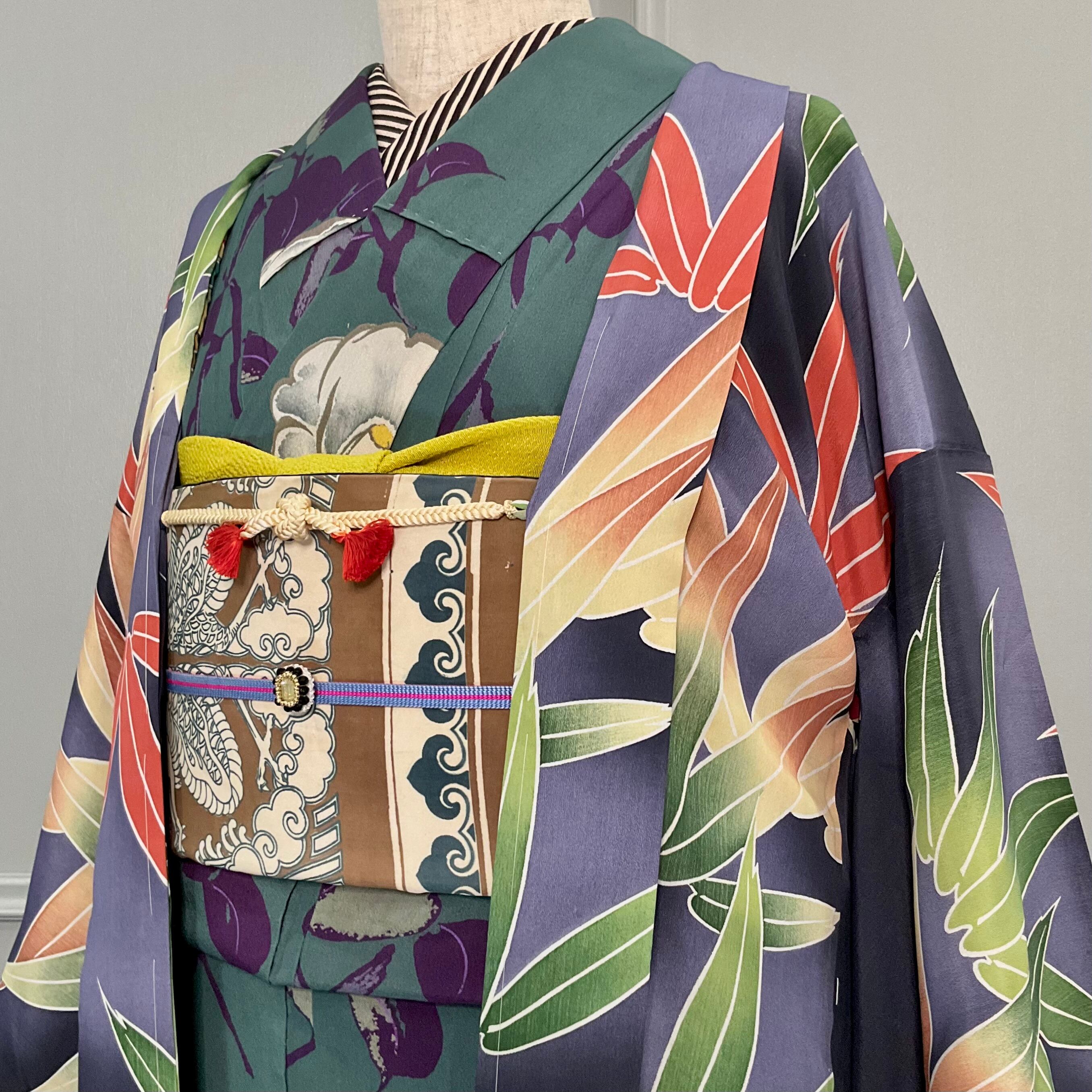 夜明けの彩り笹＊暈し 墨黒 炭黒 灰色 グレー 大柄 オレンジ 刺繍