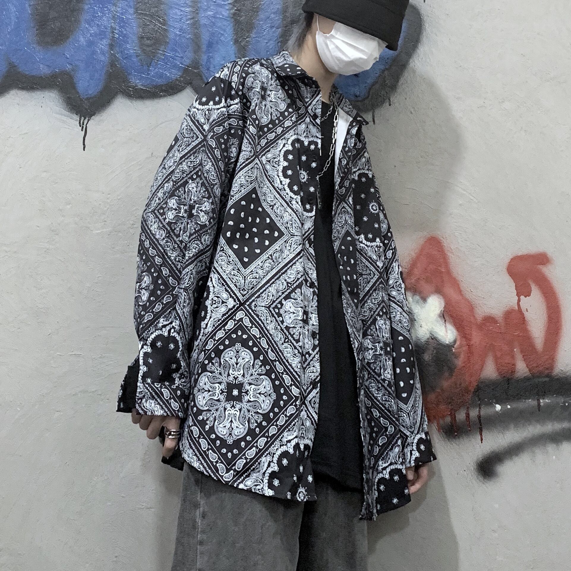 新品 KOREAダークネス❤ブラック x ホワイト花柄シャツブラウス メンズ