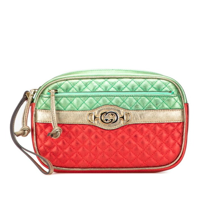 グッチ ラミネート キルティング クラッチバッグ セカンドバッグ 540985 レッド グリーン ゴールド レザー レディース GUCCI 【中古】