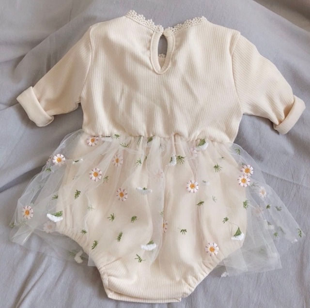 ロンパース 韓国 花柄 長袖 チュール 刺繍 女の子 ベビー Mococo