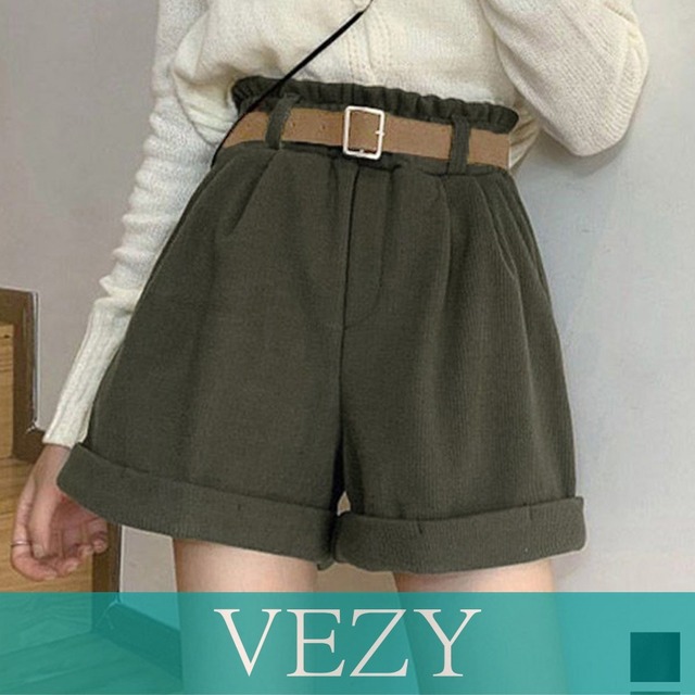 ベルト付き ショートパンツ コーデュロイ 裏起毛 ショーパン ロールアップ短パン 美脚脚長 着やせホットパンツ ウエストゴム ボトムス 大人カジュアル ボトムス VEZY ベジー  ItemNo.【23386492】