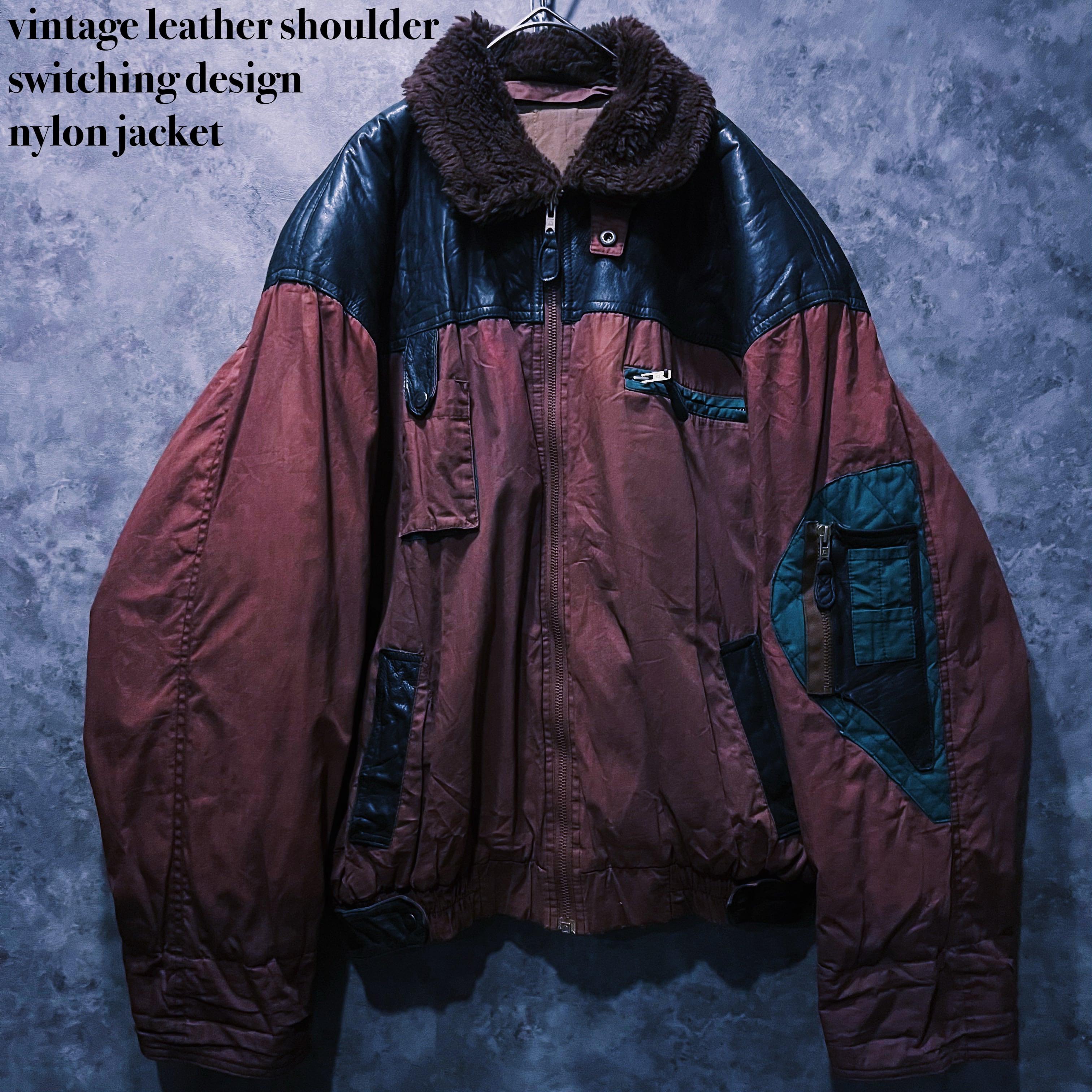 【doppio】vintage leather shoulder switching design nylon jacket