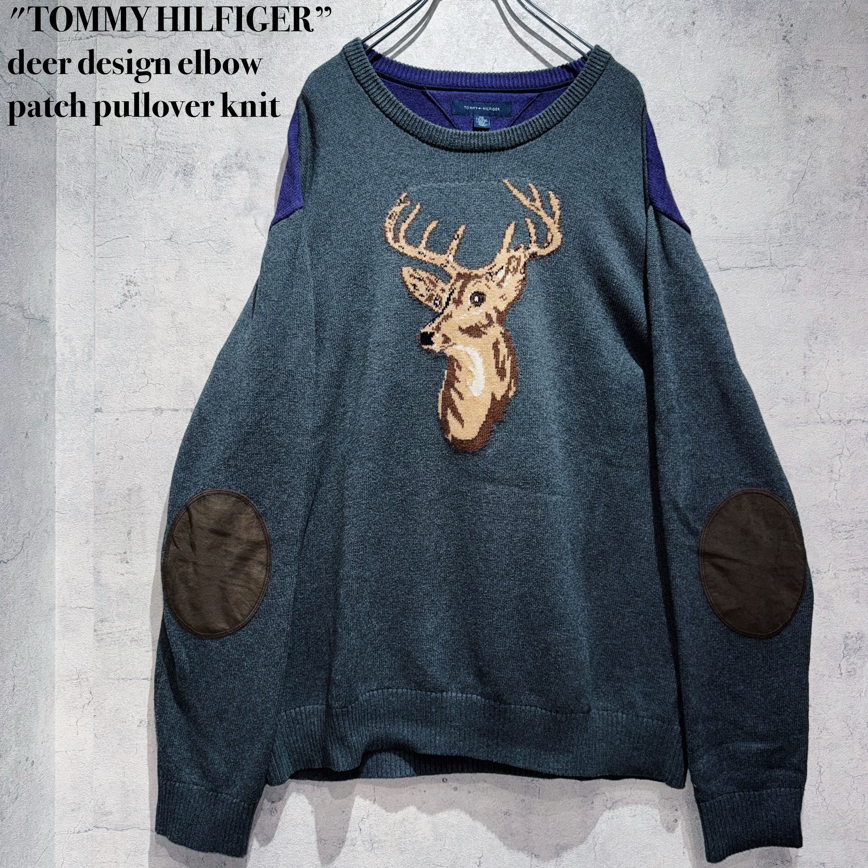 "TOMMY HILFIGER”deer design elbow patch pullover knit