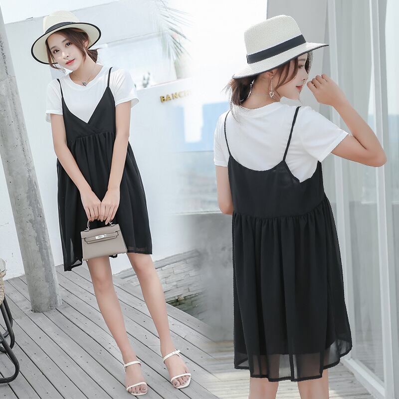 【新作】【送料無料】 マタニティウェア2019夏の新しいカジュアルシフォンステッチミドル丈サスペンダースカート+半袖妊娠中ツーピースセット-アリババ ショート ハーフスリーブ サマー 夏物 expec242263476701