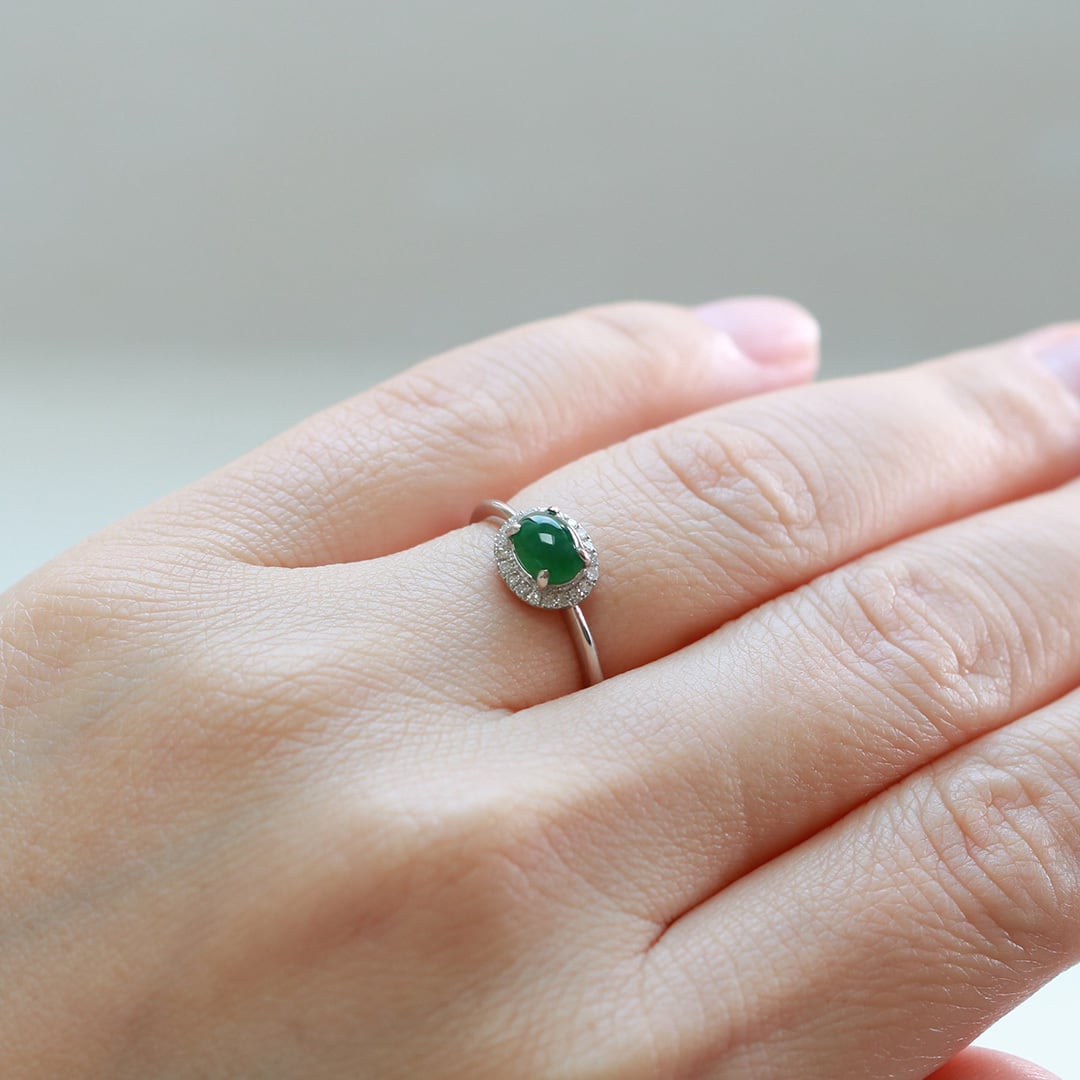 うる艶グリーン翡翠リング K10YG forest green jade diamond A貨翡翠