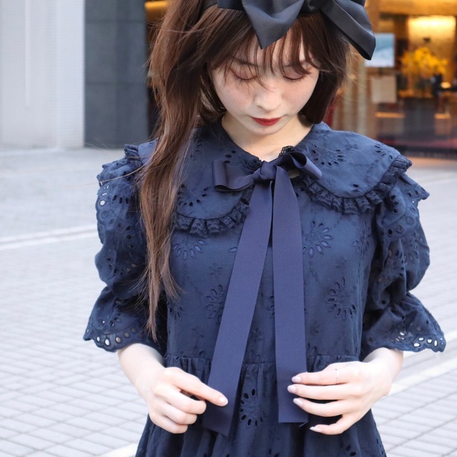 741 ワンピース 5分袖 レース衿付き おしゃれに外出 衿を外せばホームウェアにも 3色から選択 Verseau Laboratory