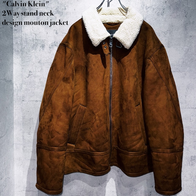 "Calvin Klein"2Way stand neck design mouton jacket