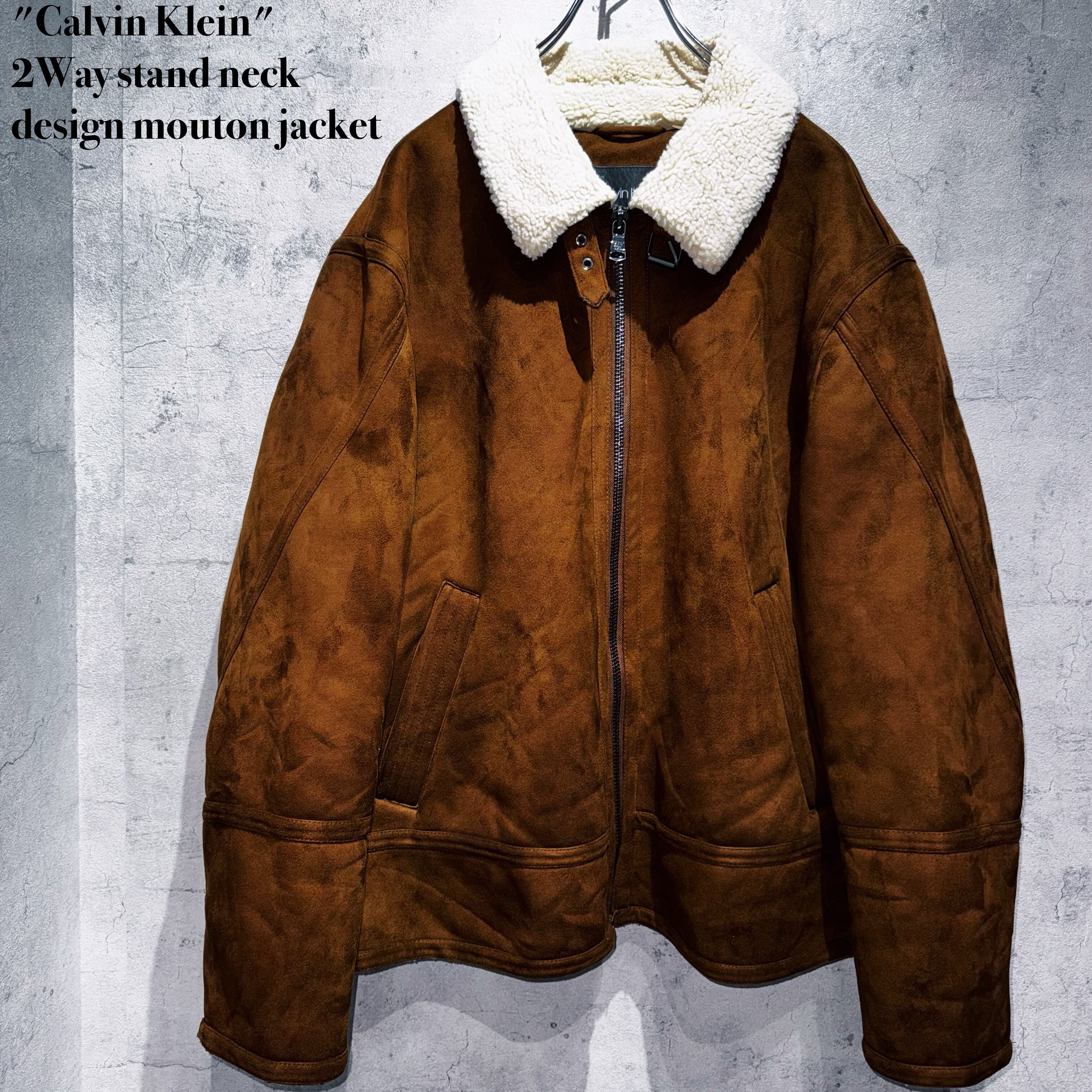 "Calvin Klein"2Way stand neck design mouton jacket