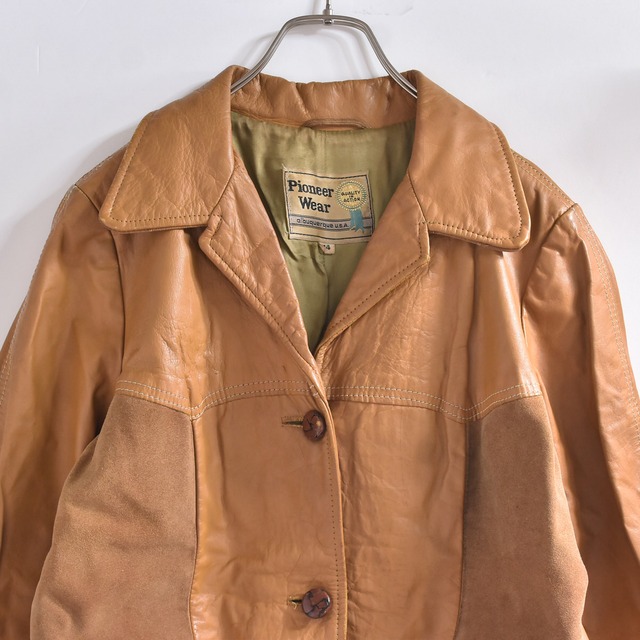 70s Pioneer Wear パイオニア 切替デザイン レザーコート ジャケット ヴィンテージ 本革 ビンテージ アウター レディースM相当