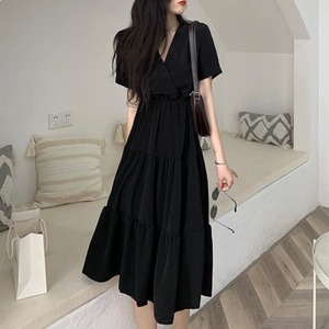 Vネック パフスリーブ カジュアルワンピース 【MKOP24】