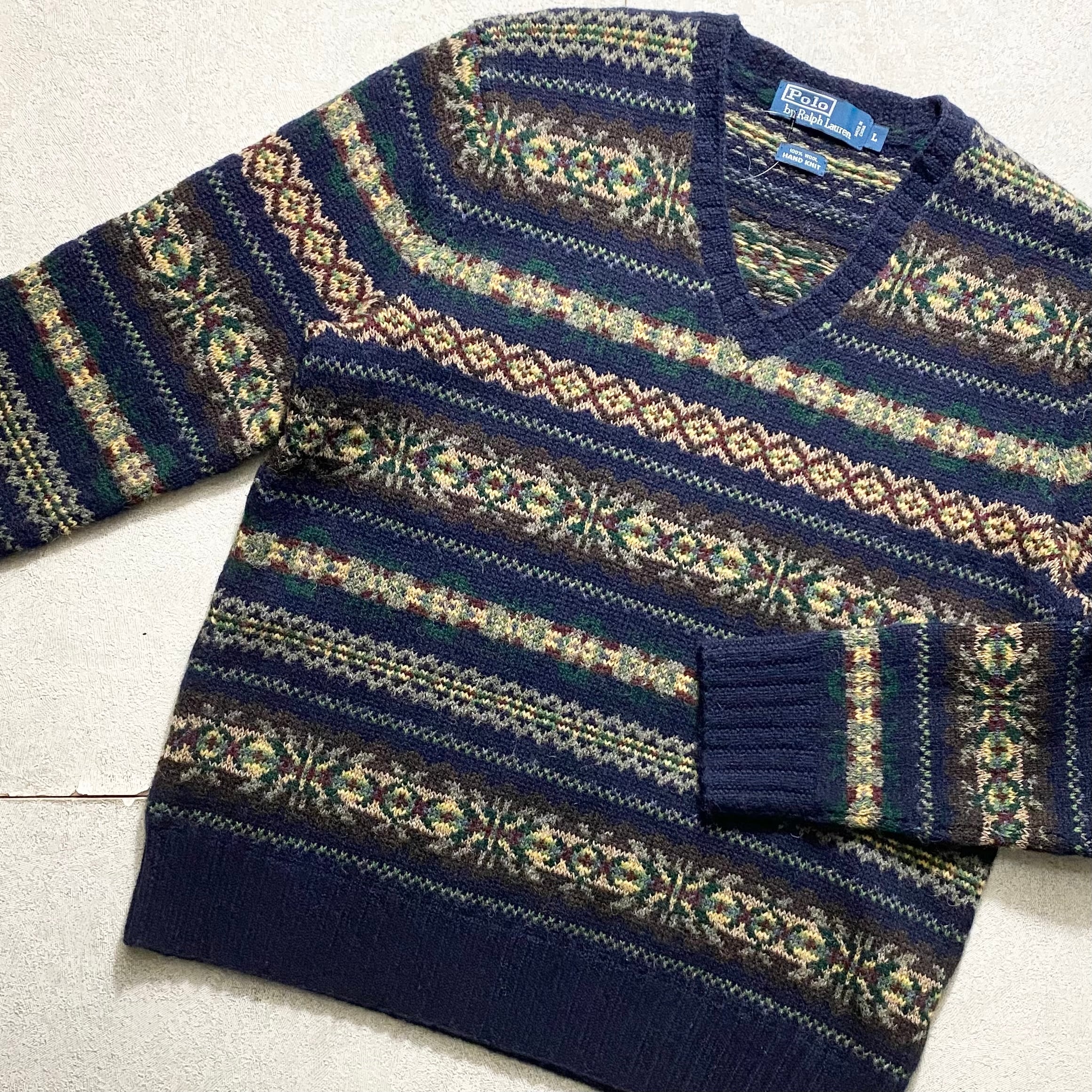 POLO by RALPH LAUREN native pattern V-neck hand knit sweater 