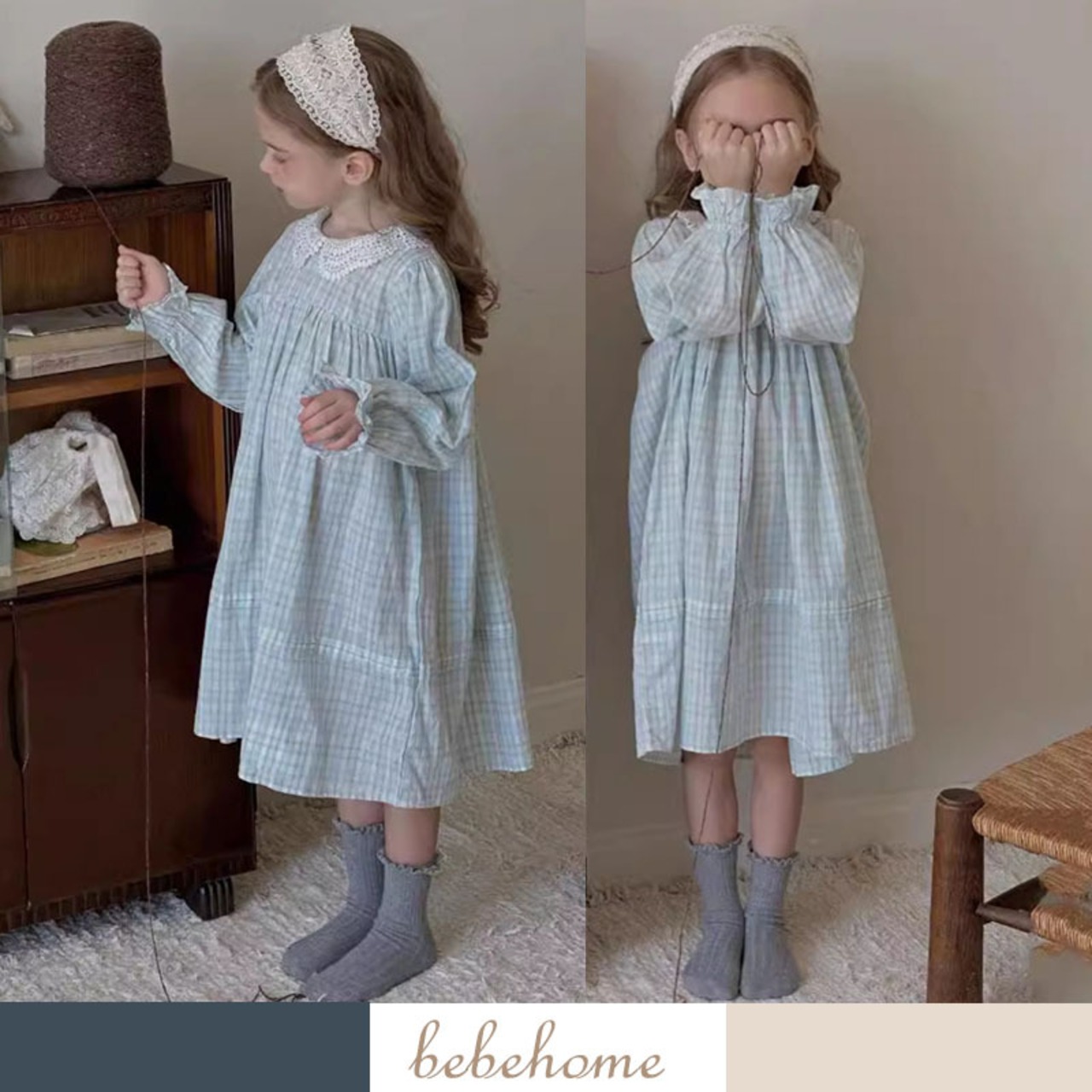 秋レース襟チェック柄ワンピース