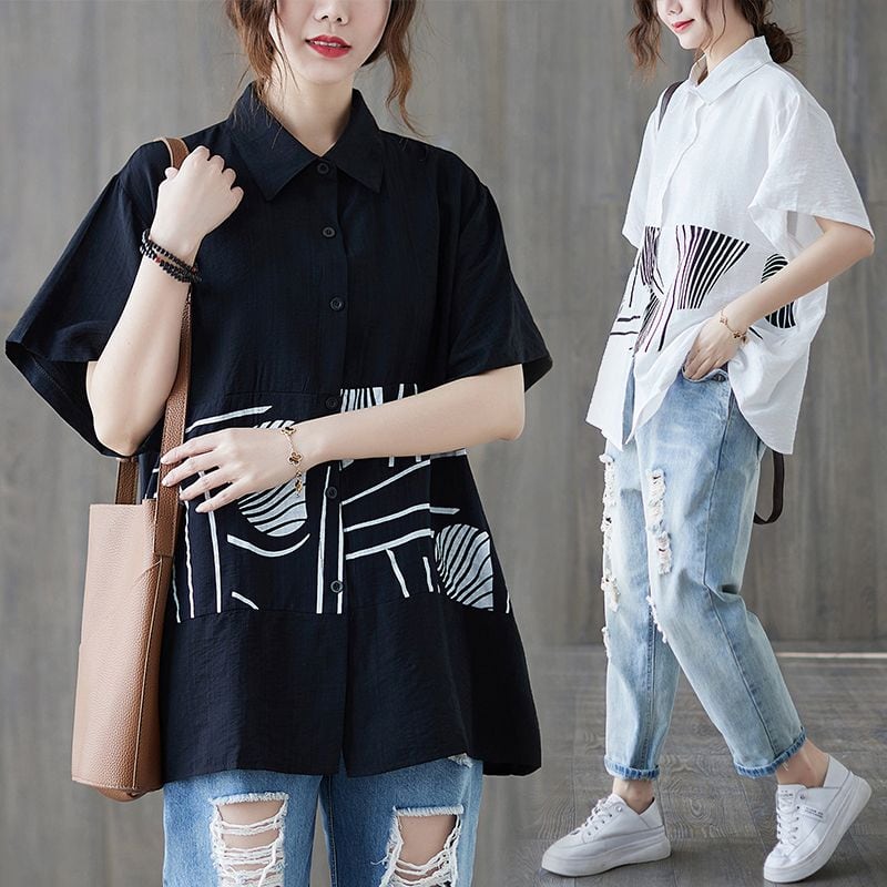 PRINT STITCH HALF SLEEVES DESIGN SHIRT 2colors M-13089