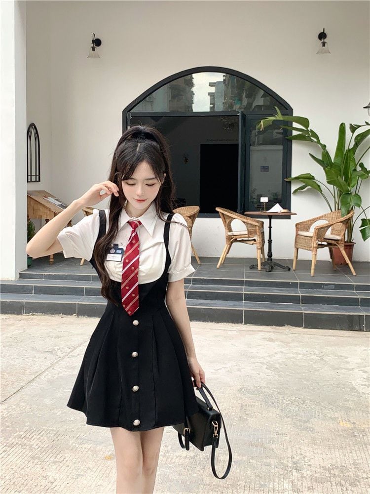 韓国制服セット/ワンピースブラック＋赤ネクタイ | Cachuum 韓国制服