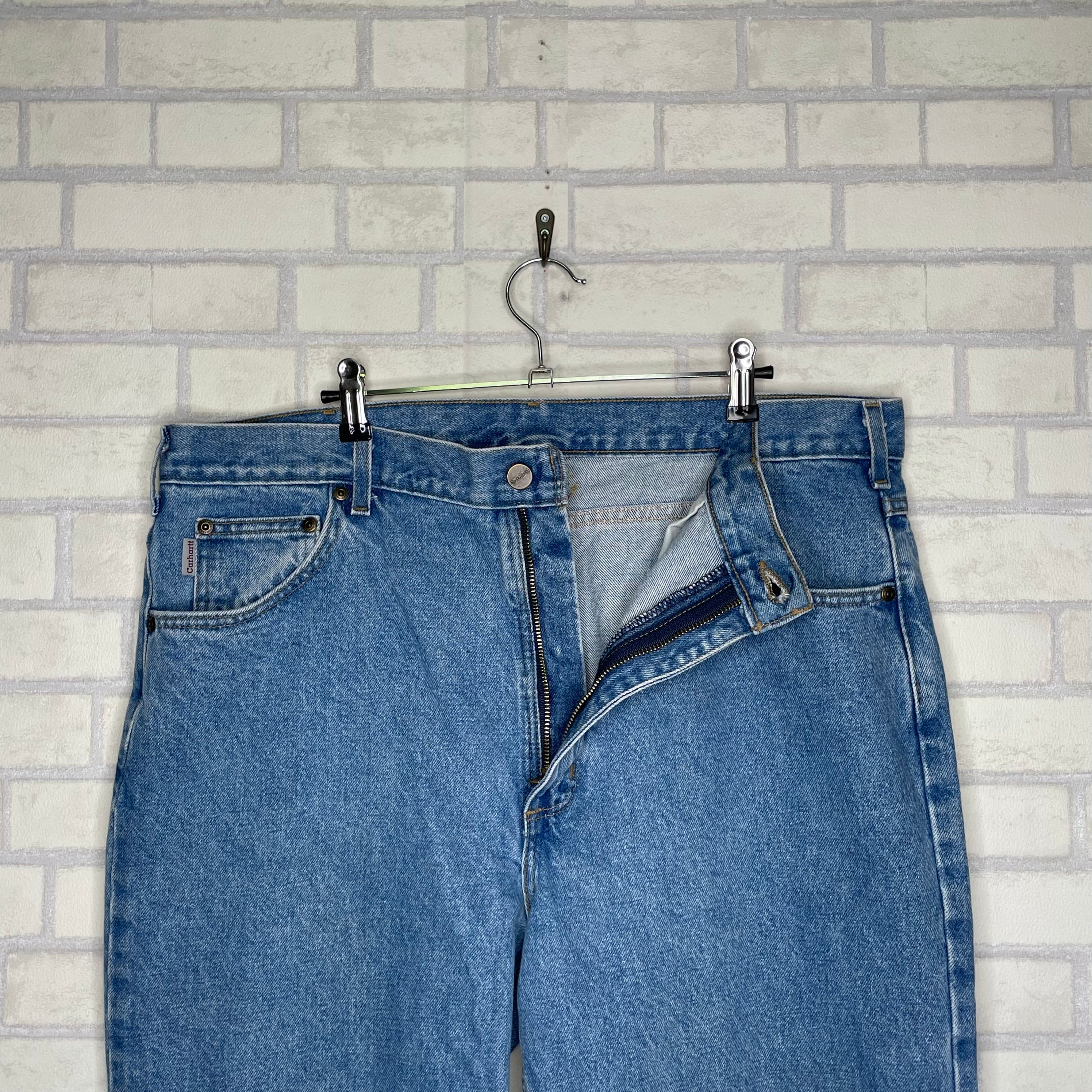 Carhartt デニムパンツ W40×L30 革パッチ ライトブルー 状態良好 