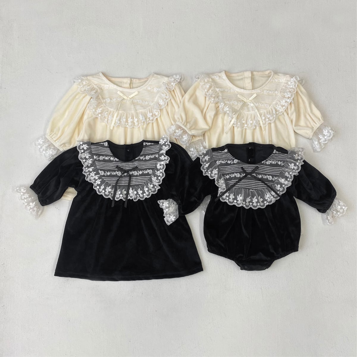 上品ベロアのレースフリル姉妹リンクコーデ