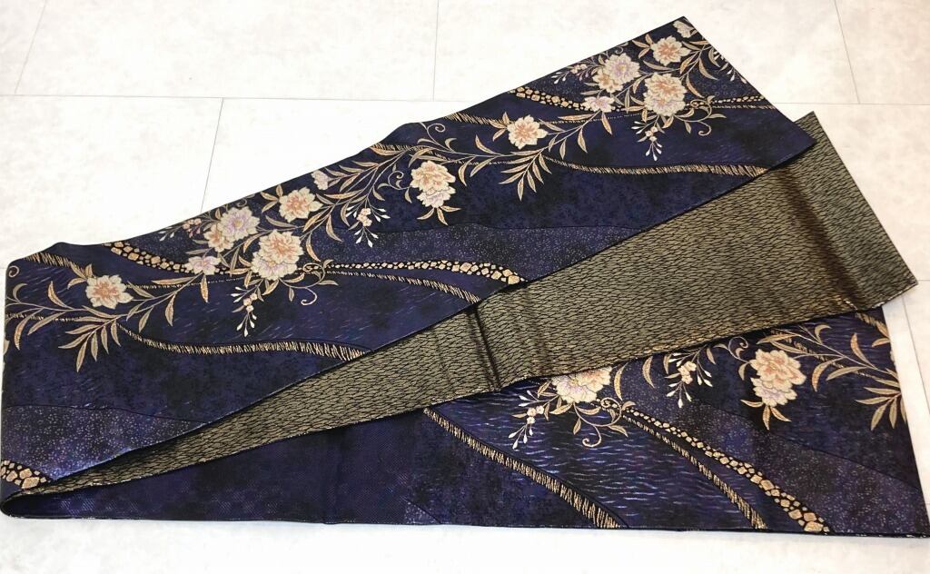 未使用 膨れ織り 唐織り唐花 正絹 金糸 袋帯 紺 紫 614 | kimono 未使用 膨れ織り 唐織り唐花 正絹 金糸 袋帯 紺 紫 614 | kimono