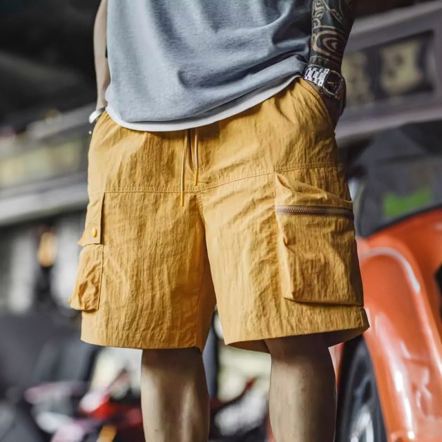 Nylon fabric drawstring knee-length cargo shorts 00360