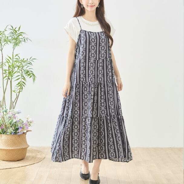 キャミワンピース 幾何学 民族柄 ティアード マキシ N82-665 TRUBE ブラック M L fmsd キャミワンピ 上品 ゆったり 体型カバー きれいめ ミセス 春夏 エレガント
