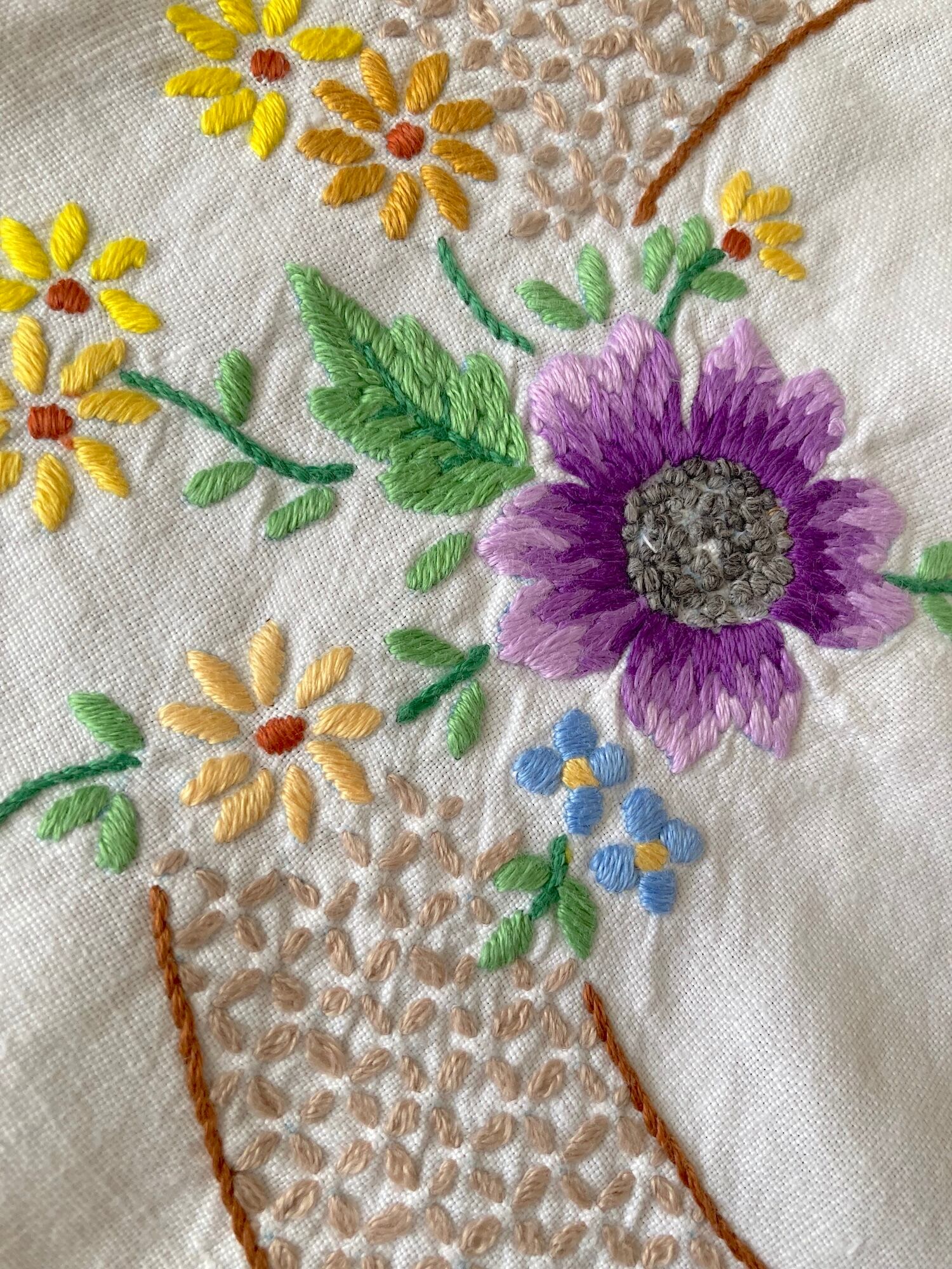 ヴィンテージ ハンドステッチ 刺繍 スカラップ テーブルクロス
