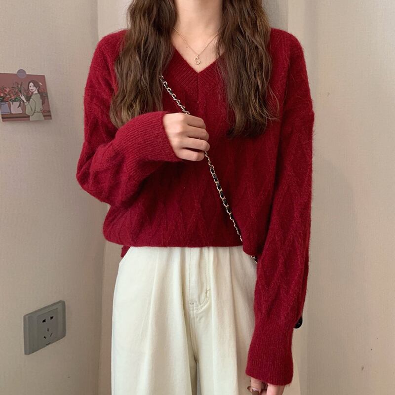 Vネックレッドセーター スプリングオータムスタイルルーズ 春物 秋物 スーパーモール79337094960