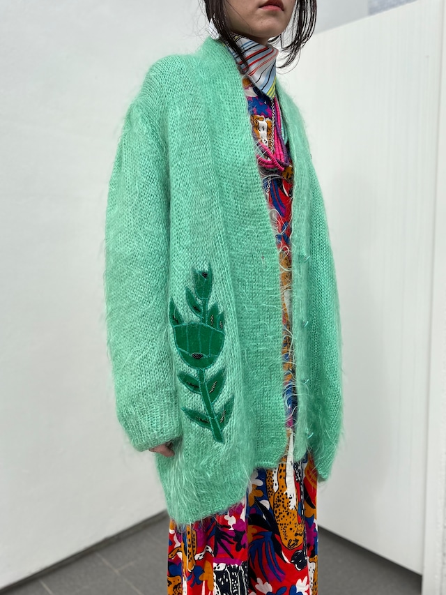 80s melon green × flower appliqué mohair knit coat ( ヴィンテージ メロングリーン × お花 アップリケ モヘア ニットコート )