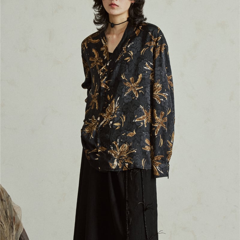 斜め前立てレトロ花柄シャツ MTO0042