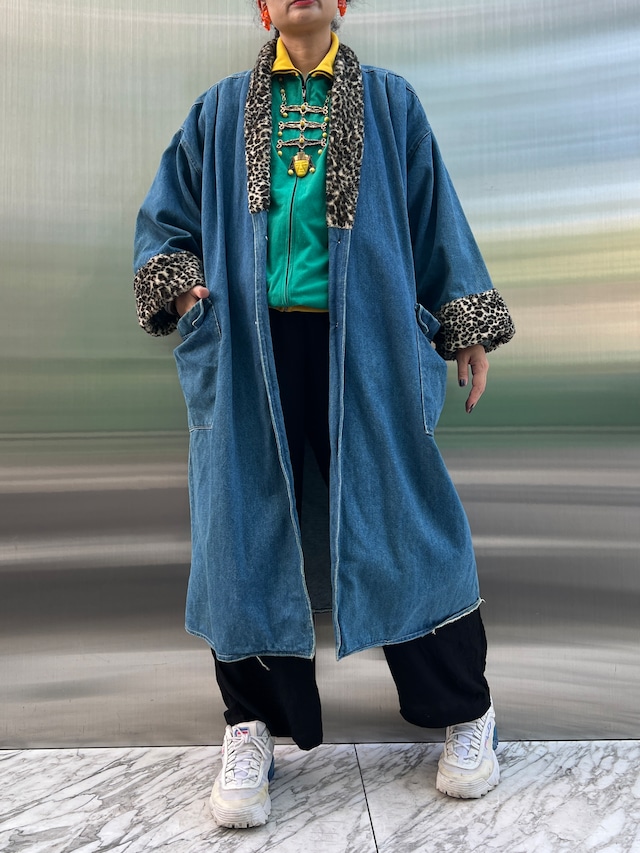 80s-90s Leopard eco fur × denim long Coat