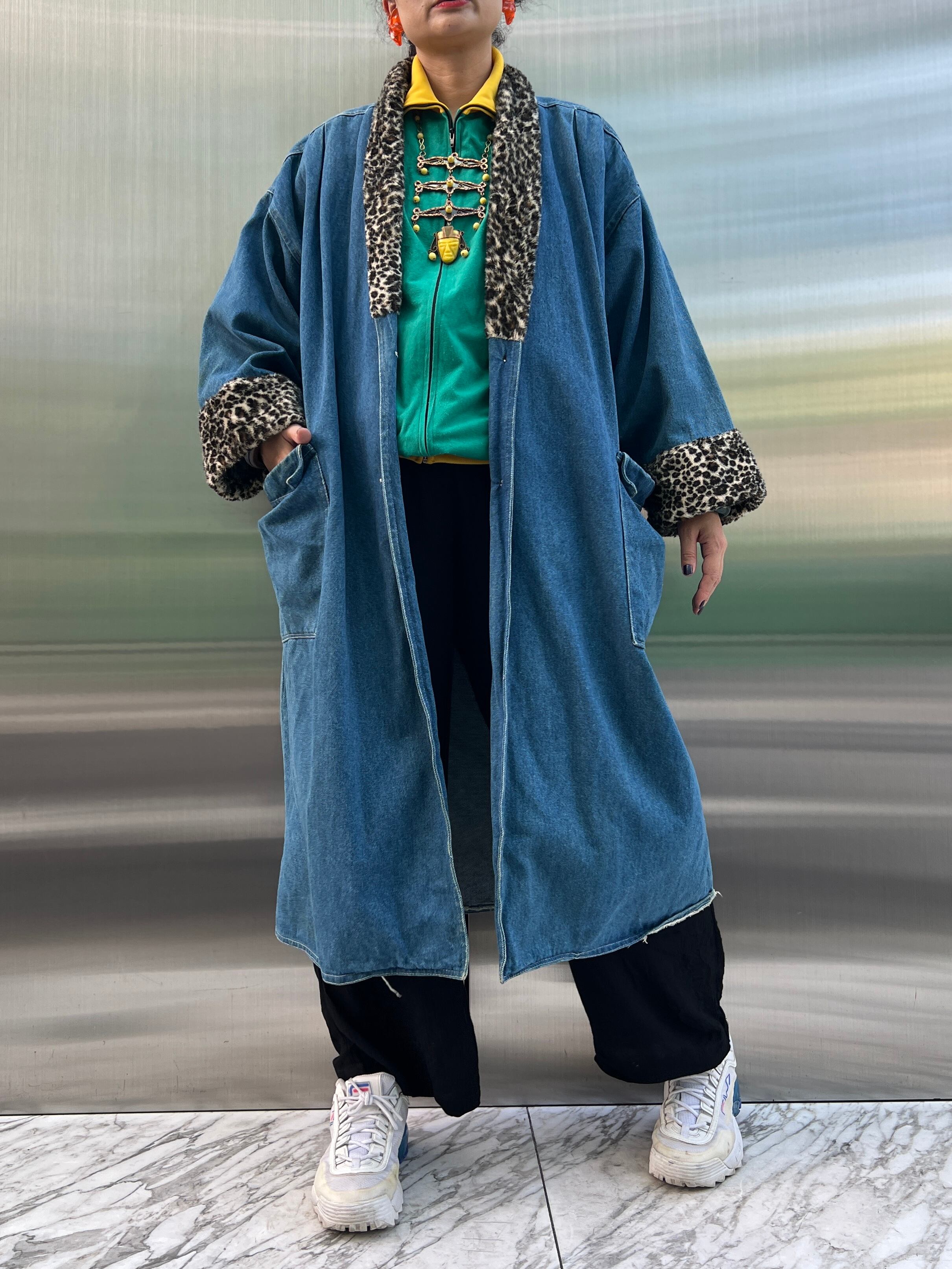 80s-90s Leopard eco fur × denim long Coat