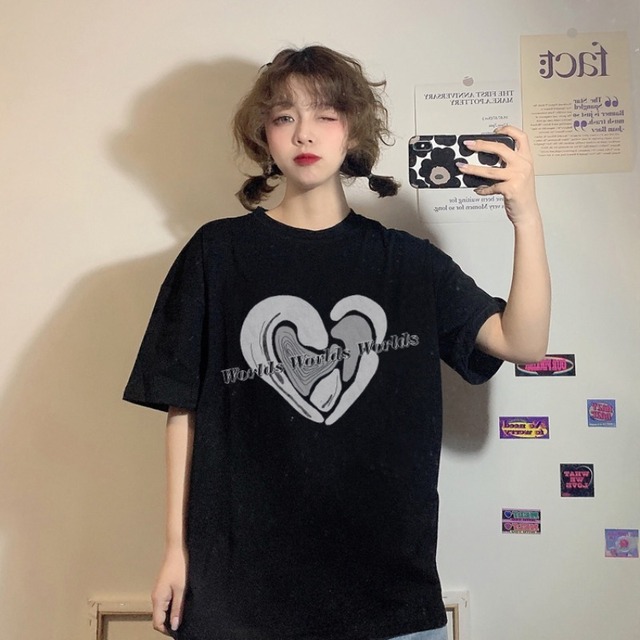 プリント柄ブラックTシャツ レディースサマールーズ薄手カジュアルトップス 夏物 YY-ファッション87740680968