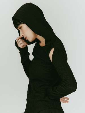 Hooded Jacquard Top / BLACK