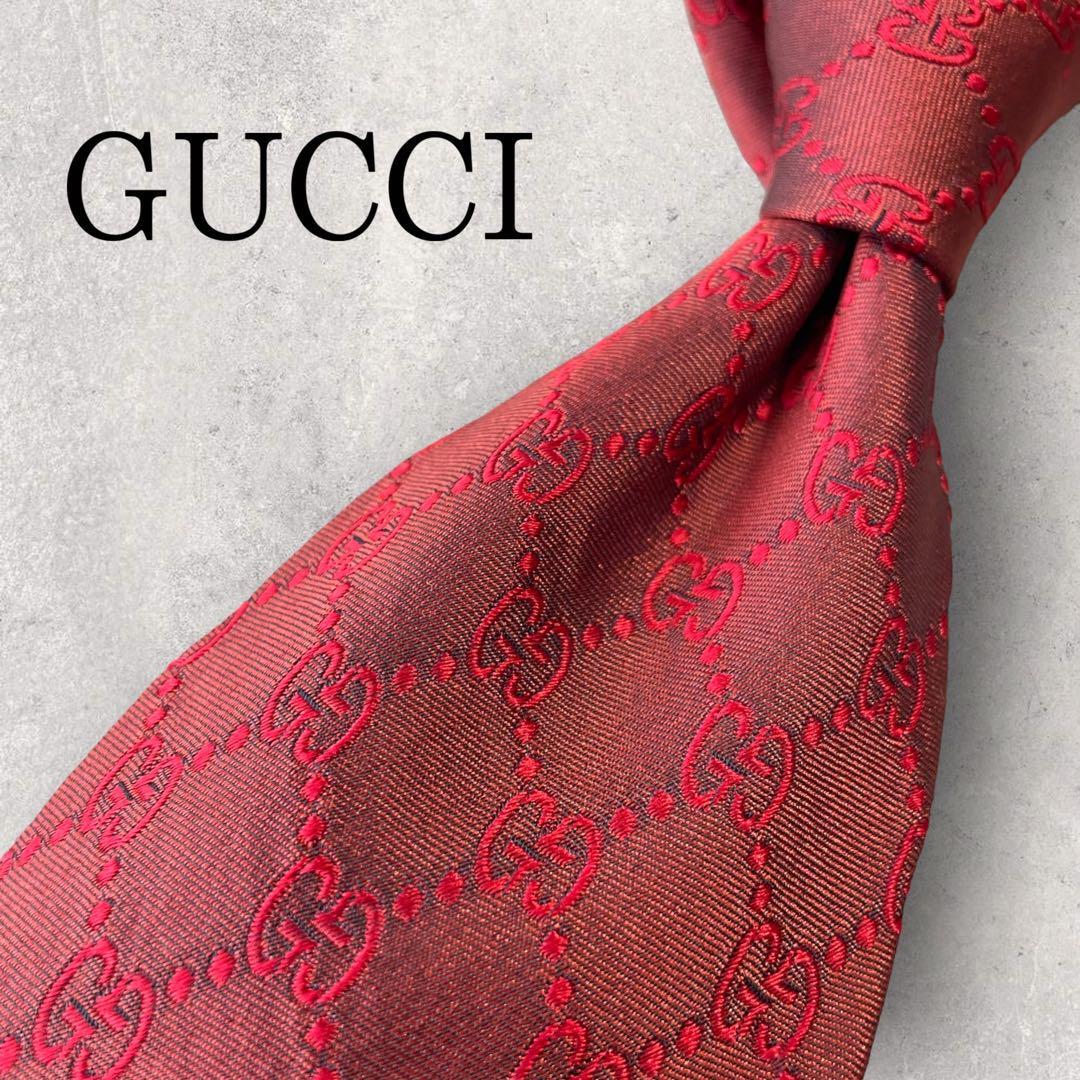 ✨高級美品✨ GUCCI シルク100% ネクタイ 総柄 赤 GG柄 スーツ - ネクタイ