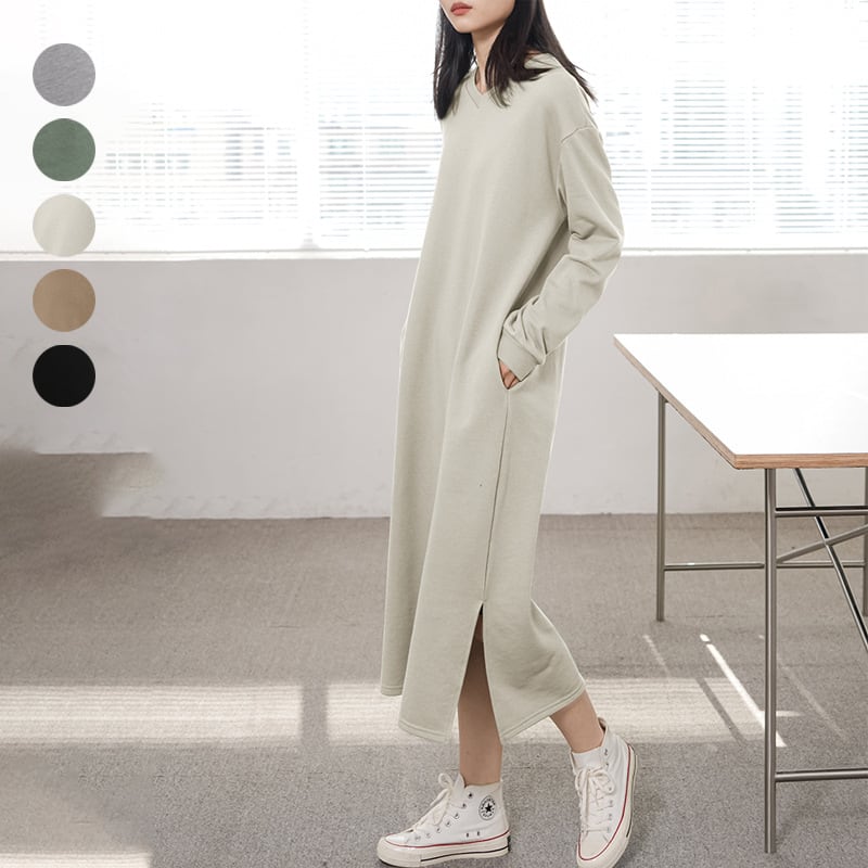 ワンピース Vネック ニットワンピ 2022年春新作 長袖ワンピ 体型カバー カジュアル