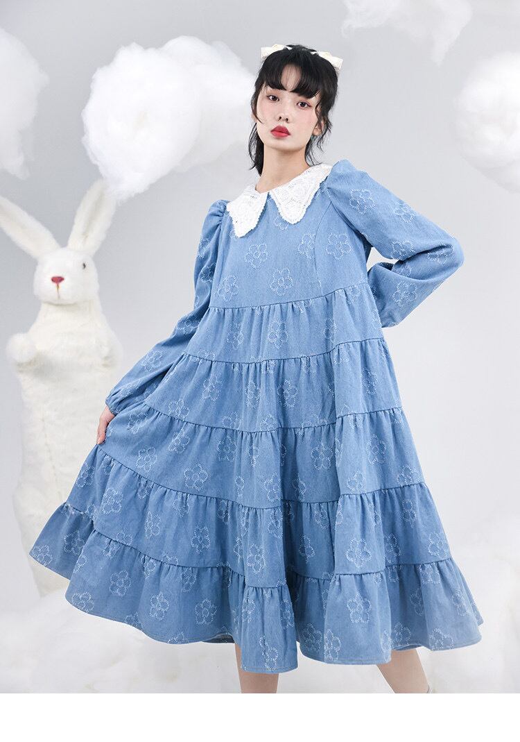 水色 ワンピース 花柄 ゆったり ラクチン | LOVEYsmileSHOP