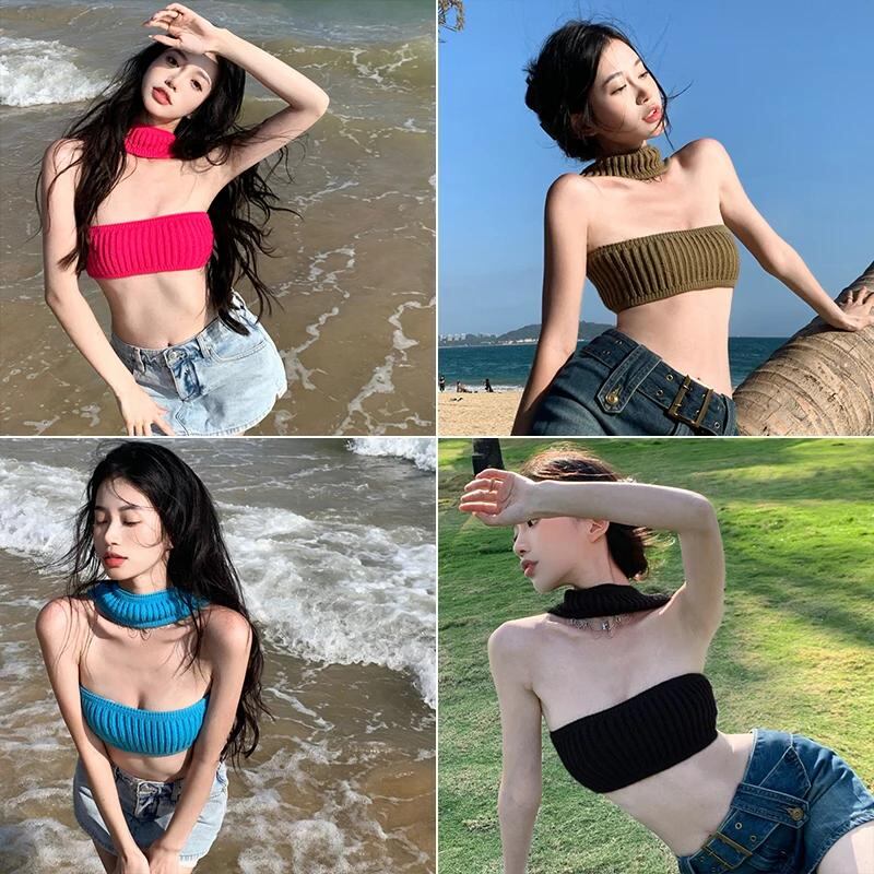 女性用ニットVネックトップ,ベアショルダーネックトップ,無地,ホルタートップ,ノースリーブ,パーティーやクラブ用のストリートウェア