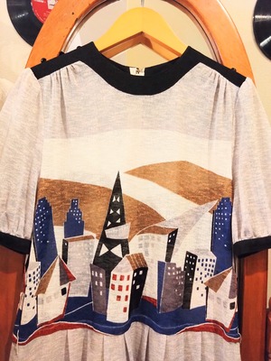 レトロな建築物柄アンティークワンピース/モダン風景夏生地国産古着洋服MADEINJAPANAntiqueVINTAGE