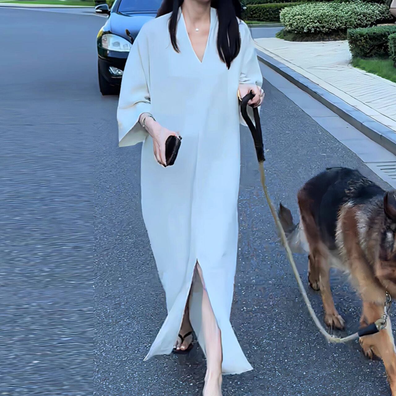 Vネック スリットロングワンピース 00018