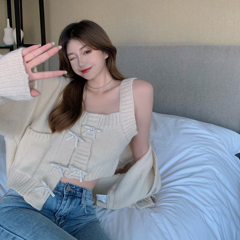 セーター レディースルーズトップス スプリングスタンダードカーディガンジャケット リボン レトロ 春物 ブラックストロベリース58971528822