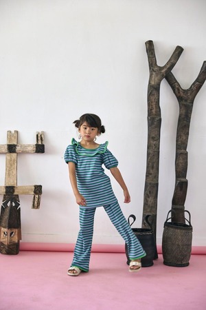 【26SS】KOQUELIKO(コキュリコ)Chop pants green border(T)パンツ リブ グリーン ボーダー