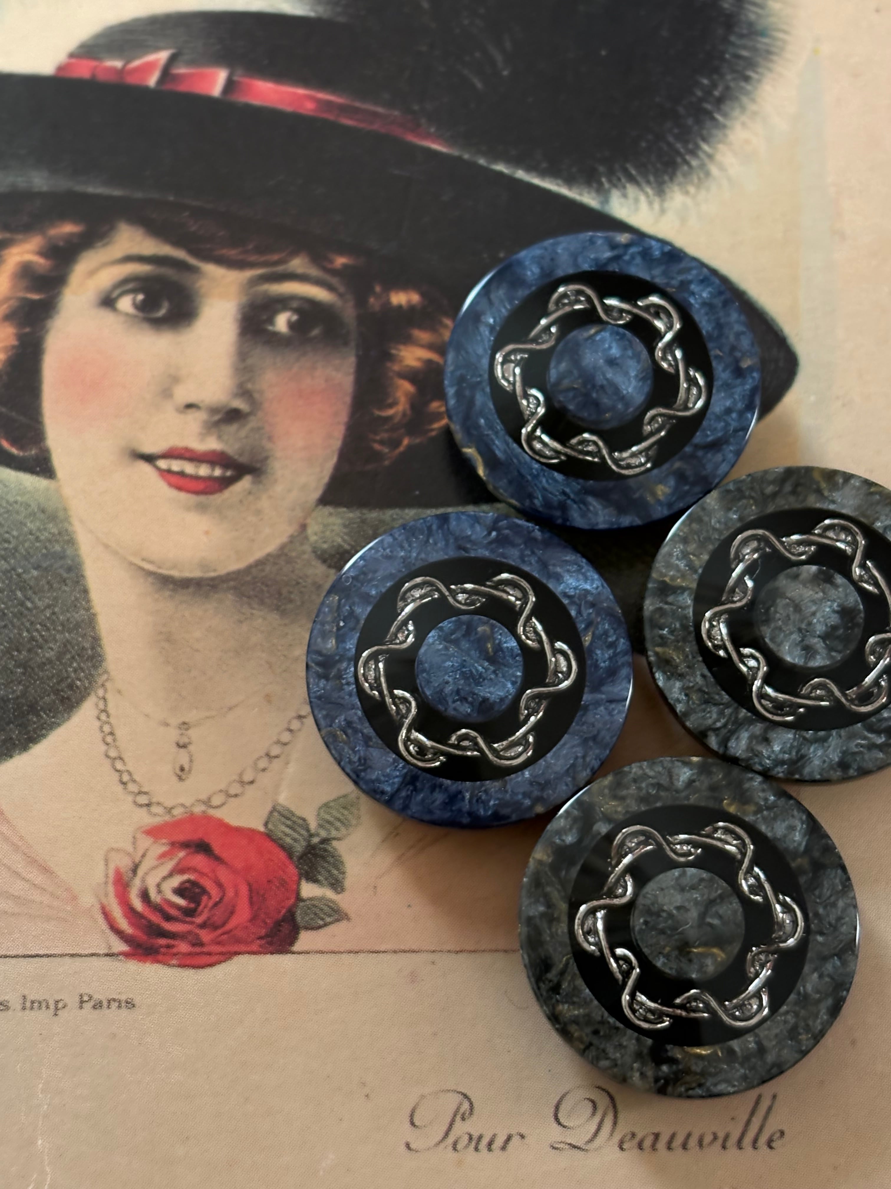 22mm Japanese ヴィンテージボタン マーブル調 ブルー/グレー×シルバー アクセサリーパーツ 装飾材