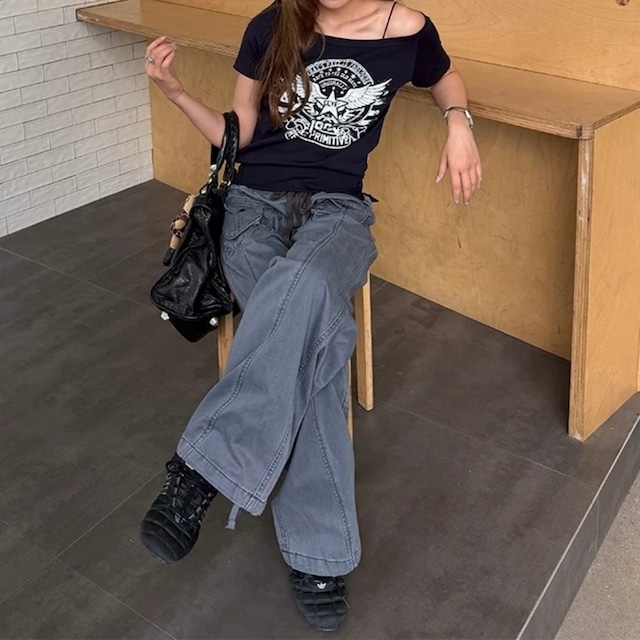 ワンショルダーレトロエンブレムグラフィックTシャツ 2col R02446