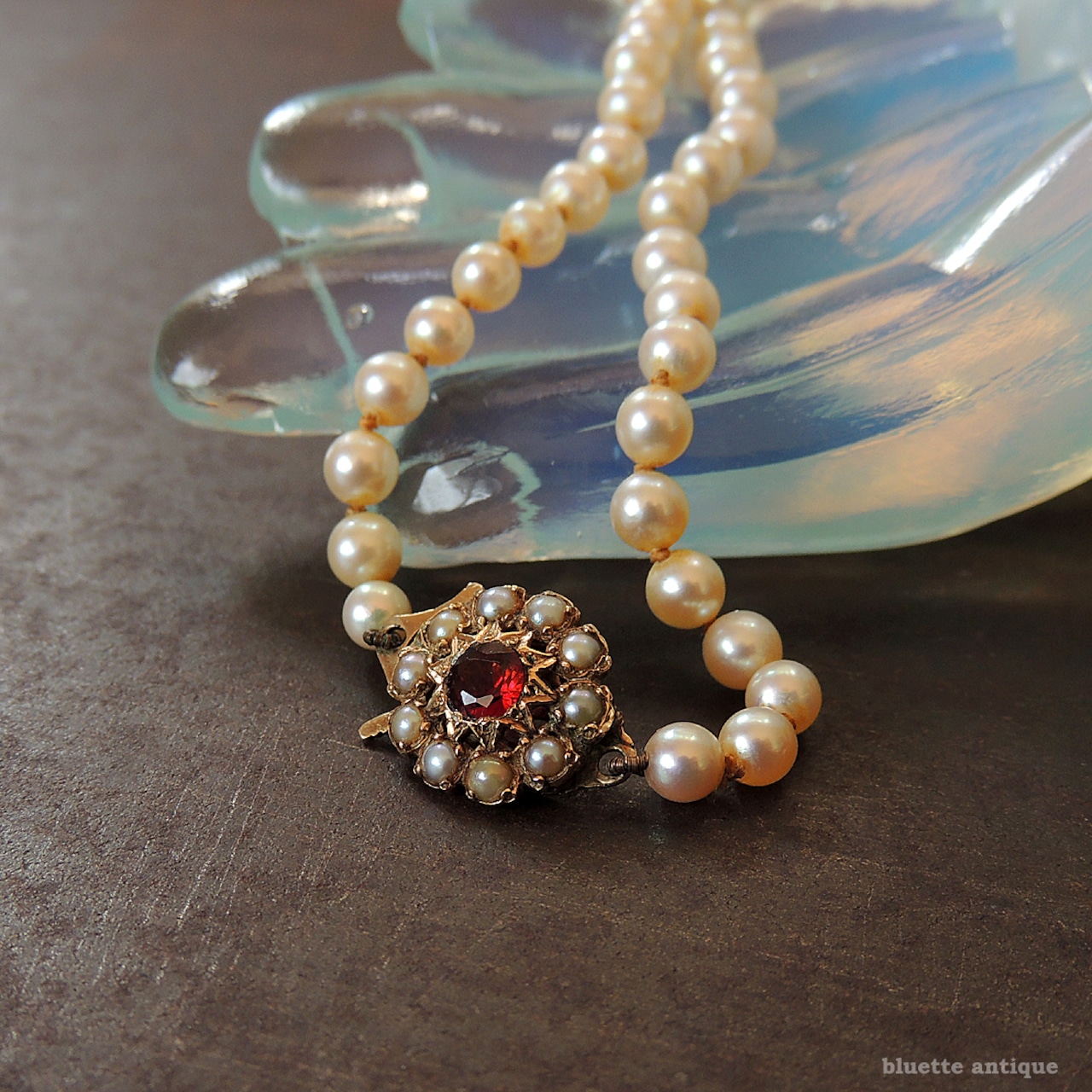 アンティークジュエリー 9ctゴールド アコヤ真珠 天然ロードライトガーネット ネックレス(ソーティングメモ付)