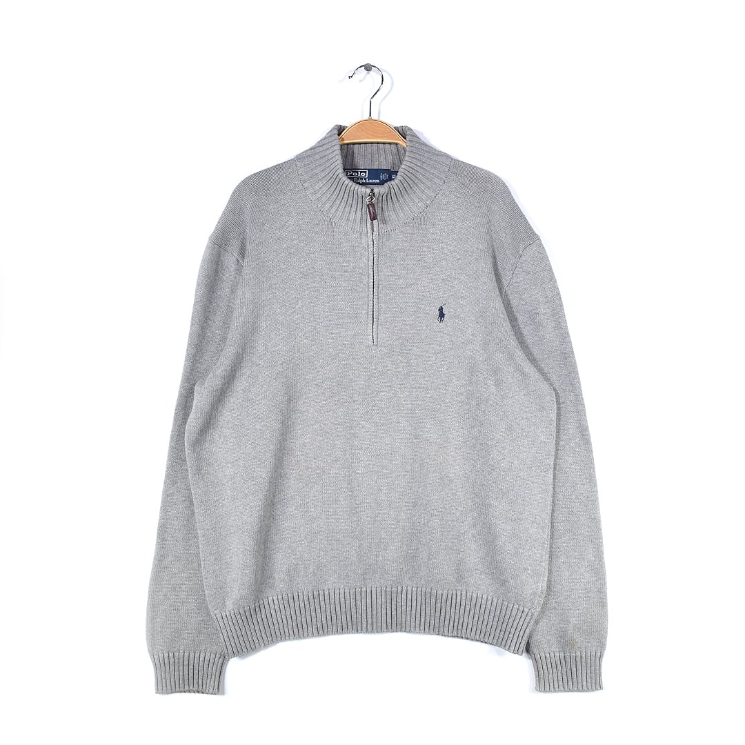 ポロ ラルフローレン ハーフジップ コットンセーター ワンポイントロゴ コットンニット ライトグレー POLO RALPH LAUREN メンズL 古着 @CH1066