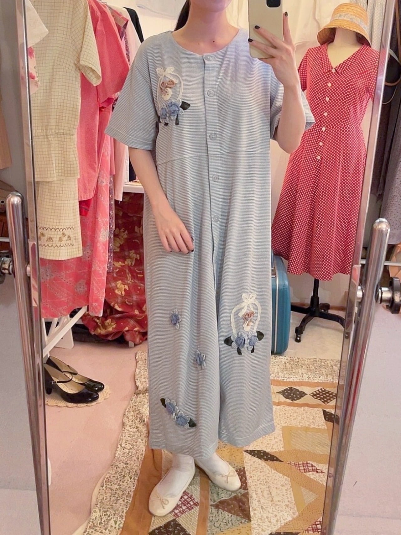 doll applique light blue one-piece