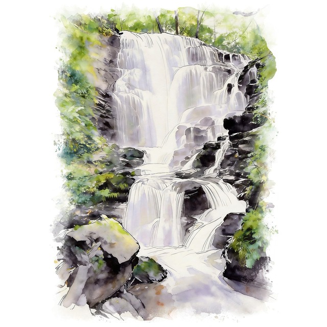 絵画 日本 白神山地の滝の風景 インテリアアート額付き 水彩画・油絵風 WAT0062