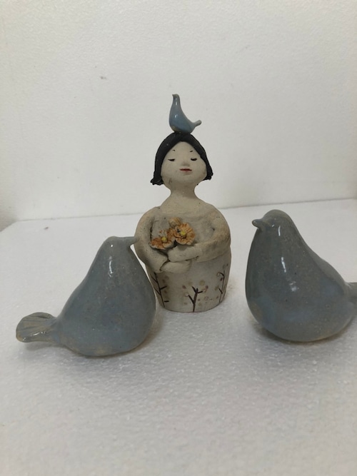 陶人形セット「幸せの青い鳥」臼井信子