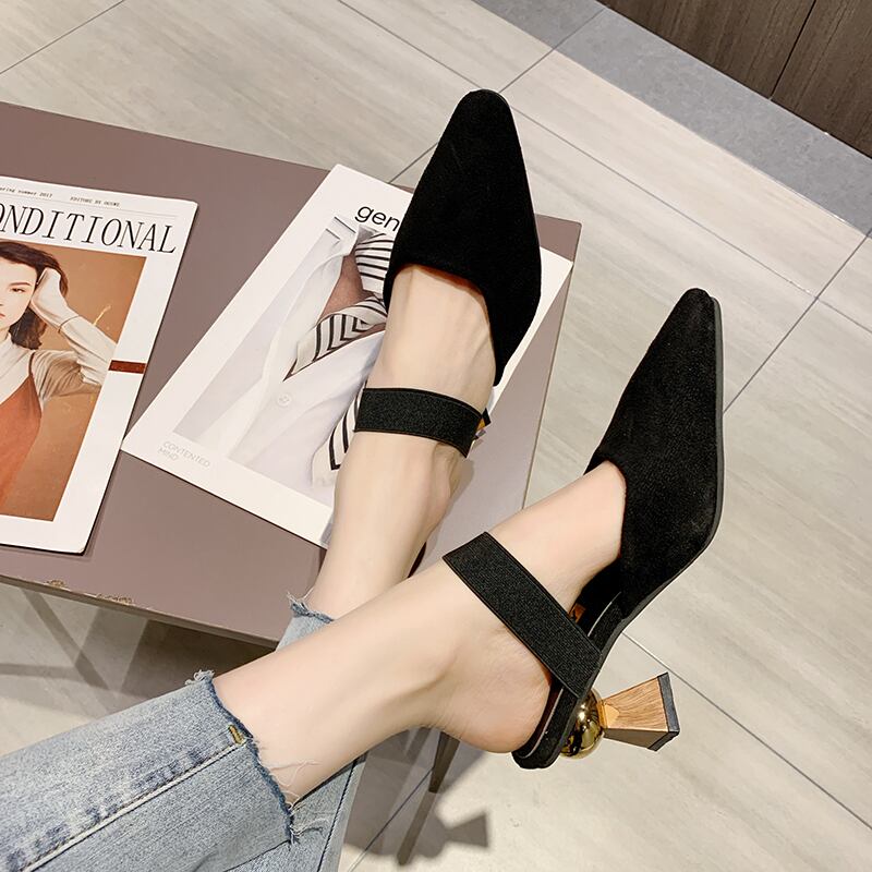 怠惰なハーフスリッパ女性の新しい夏の2020年夏の野生の包頭のファッションカジュアル厚いヒールの尖ったハイヒールのミュール 部族の婦人靴9726677